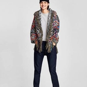 Zara geometric embroidered fringe coat